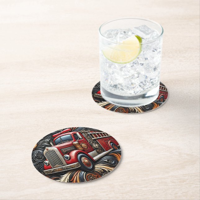 Dessous De Verre Rond Flames et Camion Leather Art (En situation)