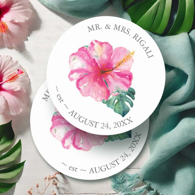 Dessous De Verre Rond Fleur d'Hibiscus Mariage tropical (Wedding coasters for favors watercolor pink hibiscus flowers art Victoria Grigaliunas DoTellABelle)