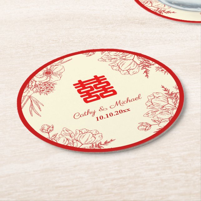 Dessous De Verre Rond Fleur orientale mariage rouge (Incliné)