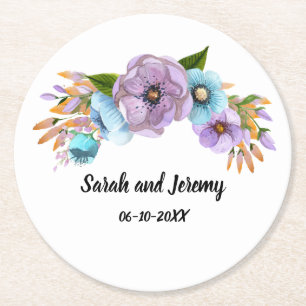 Dessous De Verre Rond Fleurs aquarelles boho lilas et sarcelle Personnal