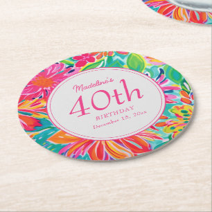 Dessous De Verre Rond Fleurs aquarelles rose orange chaud 40e anniversai