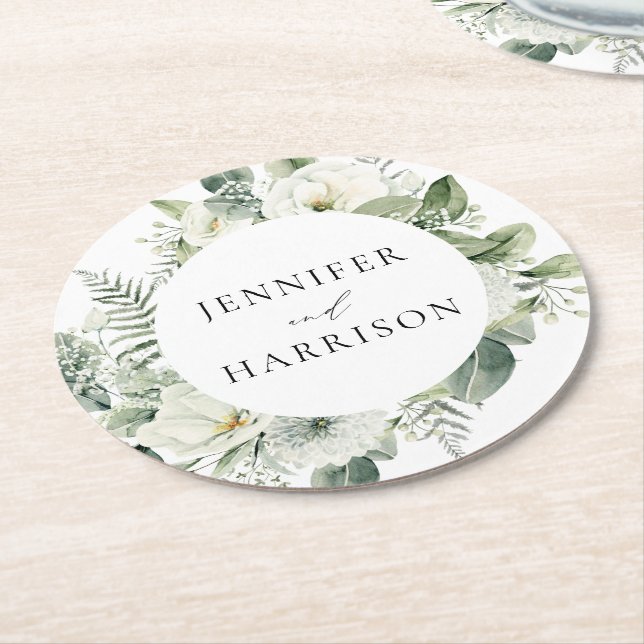 Dessous De Verre Rond Fleurs blanches et verdure Mariage personnalisé (Incliné)
