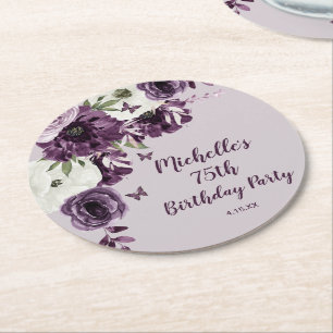 Dessous De Verre Rond Fleurs blanches violettes Papillons 75e anniversai