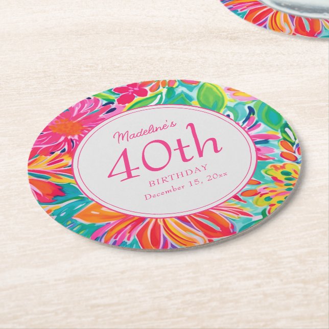 Dessous De Verre Rond Fleurs d'aquarelle rose chaud 40e anniversaire (Incliné)