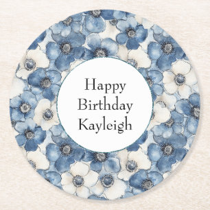 Dessous De Verre Rond Fleurs de Denim Bleu Blanc Anniversaire