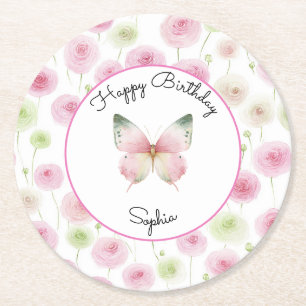 Dessous De Verre Rond Fleurs de Renoncule Rose Féminin Anniversaire