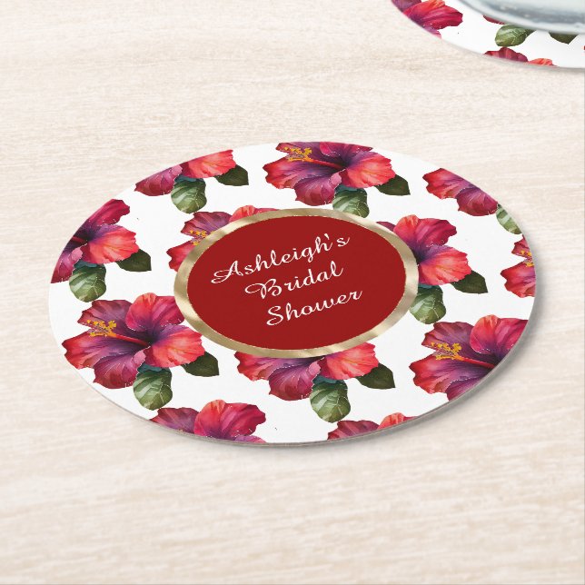 Dessous De Verre Rond Fleurs de Trefle Rouge Tropical Mariage (Incliné)