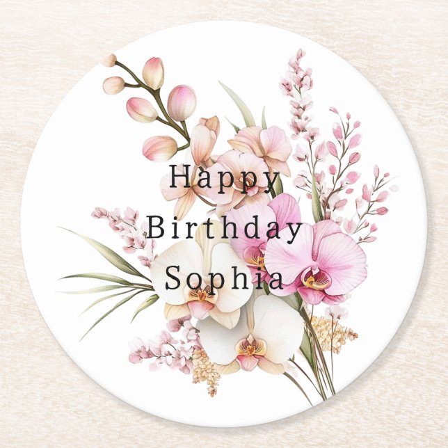 Dessous De Verre Rond Fleurs d'orchidée rose tropicale Anniversaire (Devant)