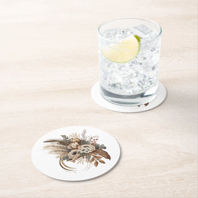 Dessous De Verre Rond Fleurs Élégantes Feuillage et plumes (En situation)