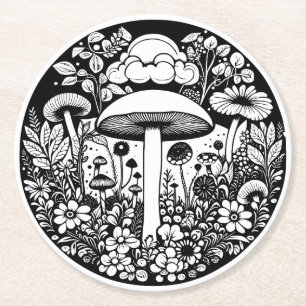 Dessous De Verre Rond Fleurs et champignons noirs et blancs Vintages