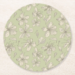 Dessous De Verre Rond Fleurs jetées sur vert olive - motif sans soudure.