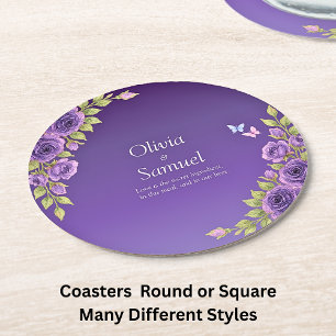 Dessous De Verre Rond Fleurs Mauves Violettes & Mariage Blanc