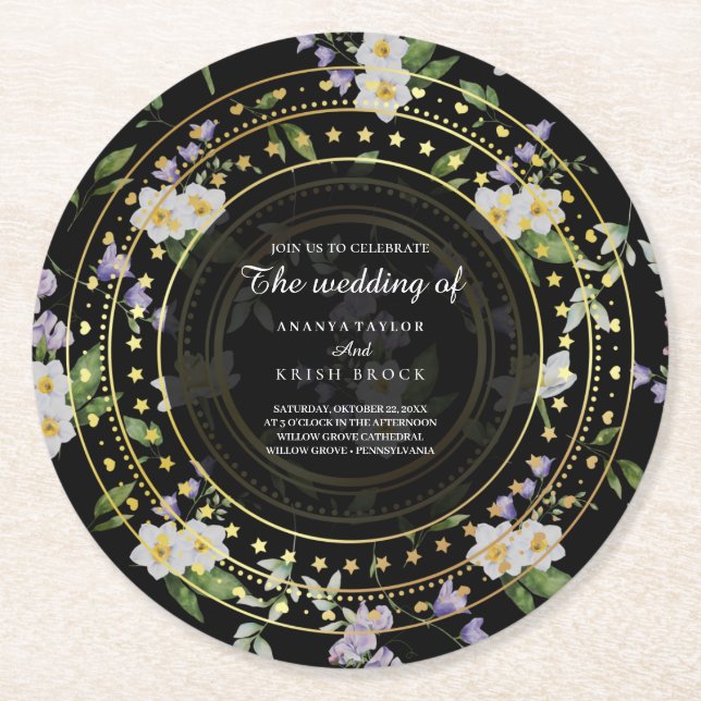 Dessous De Verre Rond Fleurs noires et dorées, (Devant)
