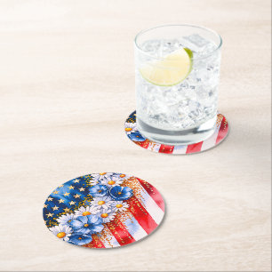Dessous De Verre Rond Fleurs pailletées de drapeau américain patriotique