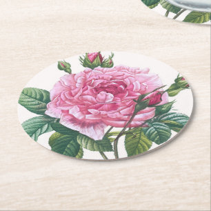 Dessous De Verre Rond Fleurs roses roses avec Feuilles verts