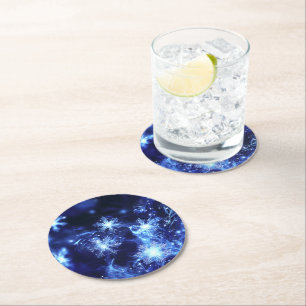Dessous De Verre Rond Flocons de neige bleus scintillants d'hiver