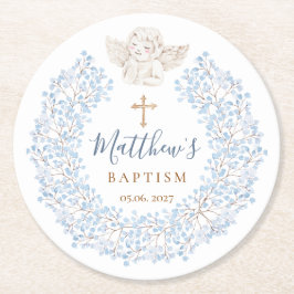 Dessous De Verre Rond Floral Blue Baby Angel Croix Baptême