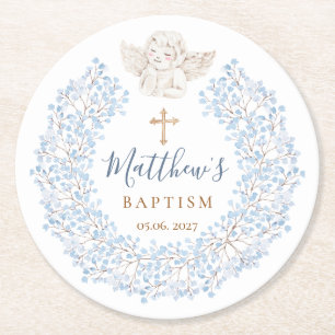 Dessous De Verre Rond Floral Blue Baby Angel Croix Baptême