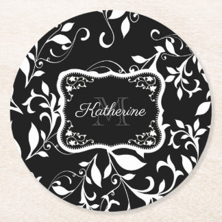 Dessous De Verre Rond Floral noir et blanc