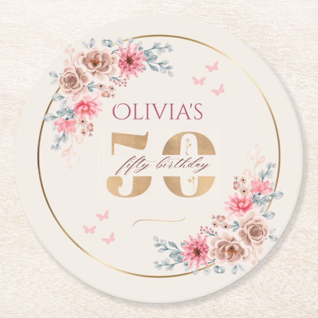 Dessous De Verre Rond Floral Thème 50ème anniversaire (Devant)