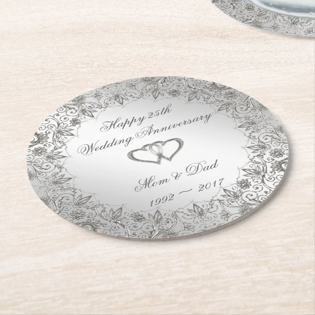 Dessous De Verre Rond Flourish Silver 25e anniversaire Mariage (Incliné)