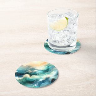 Dessous De Verre Rond Flux d'océan doré Vagues abstraites