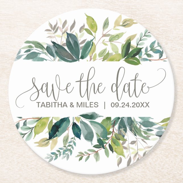 Dessous De Verre Rond Foliage Mariage Enregistrer la date Faire-part (Devant)
