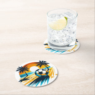 Dessous De Verre Rond Football Rétro de Plage d'Été Tropical Coucher de