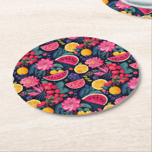 Dessous De Verre Rond Fruits et Fleurs Tropicaux