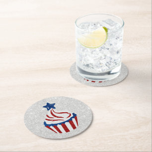Dessous De Verre Rond Gâteau cupcake rouge, blanc et bleu avec paillette