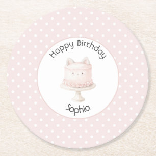 Dessous De Verre Rond Gâteau d'anniversaire de chaton rose mignon