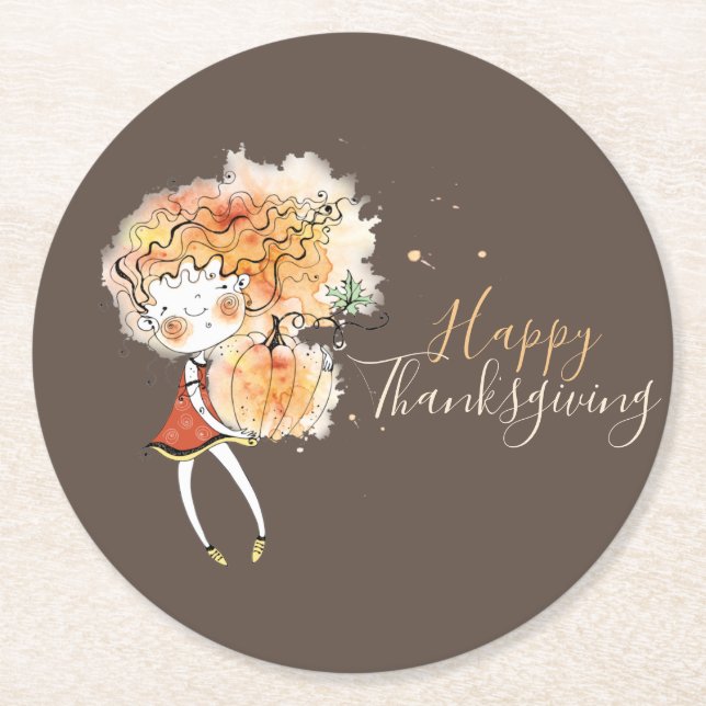 Dessous De Verre Rond Ginger Girl avec Citrouille Thanksgiving (Devant)
