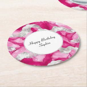 Dessous De Verre Rond Glam argenté rose Abstrait Anniversaire