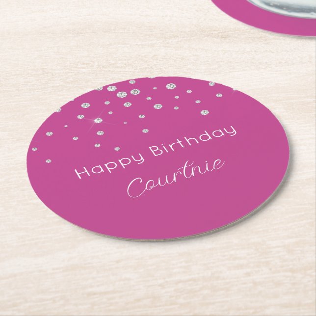 Dessous De Verre Rond Glam rose Diamants blancs Anniversaire (Incliné)