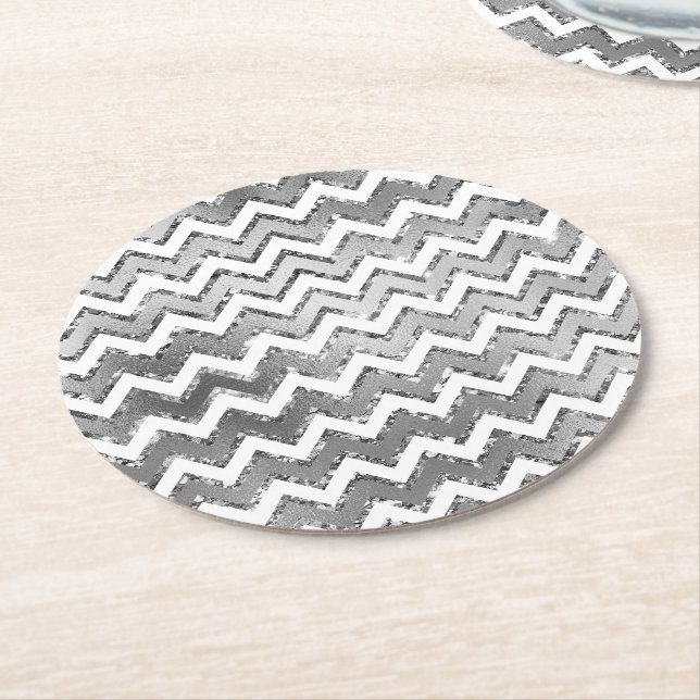 Dessous De Verre Rond Glam Silver White Zigzag Stripes (Incliné)