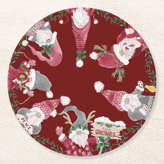 Dessous De Verre Rond Gnomes rouges Aquarelle de Noël Gray Holly Foliage (Devant)