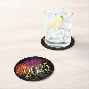 Dessous De Verre Rond Gold Bonne année 2025 Fireworks