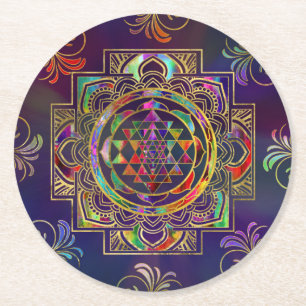 Dessous De Verre Rond Gold coloré encadré Sri Yantra Sri Chakra