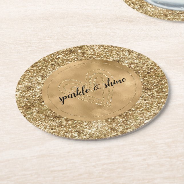 Dessous De Verre Rond Gold Confetti Parties scintillant Coeur (Incliné)