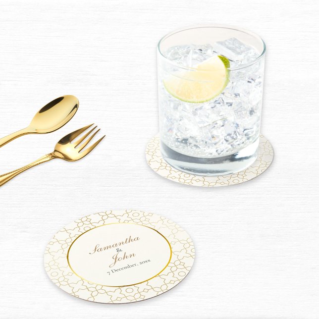 Dessous De Verre Rond Gold Geometric Art Deco Pattern Wedding (Gold & Ivory Geometric Art Deco Wedding Paper Coasters)