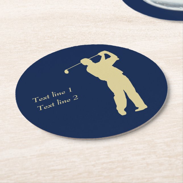 Dessous De Verre Rond Gold Silhouette Golfer sur Blue (Incliné)