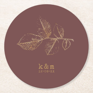 Dessous De Verre Rond Golden Leaf Mariage Gold/Burgundy ID655