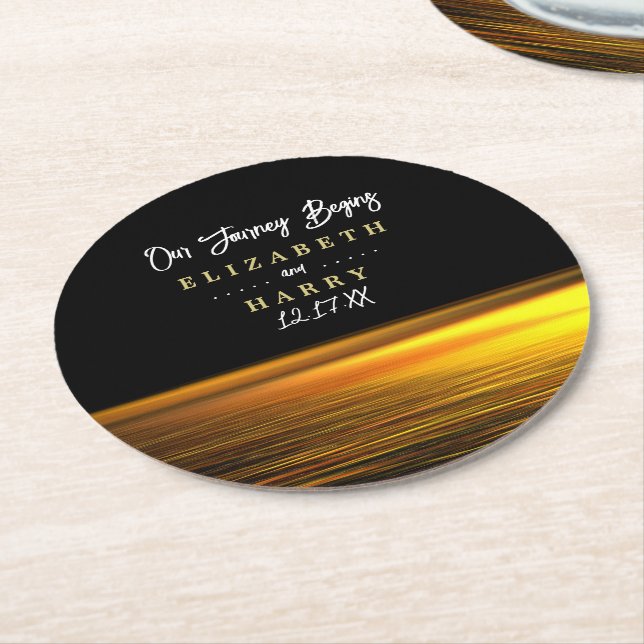 Dessous De Verre Rond Golden Ocean, Elégant Mariage plage (Incliné)