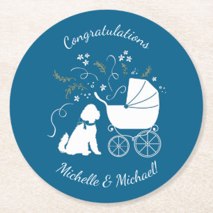 Dessous De Verre Rond Goldendoodle Chien Baby shower Garçon bleu