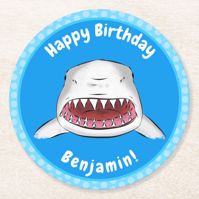 Dessous De Verre Rond Grand requin blanc moyen dessin animé (Devant)