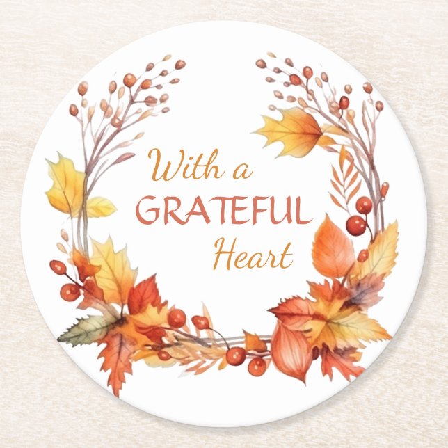 Dessous De Verre Rond Grateful Heart Automne quitte Thanksgiving (Devant)