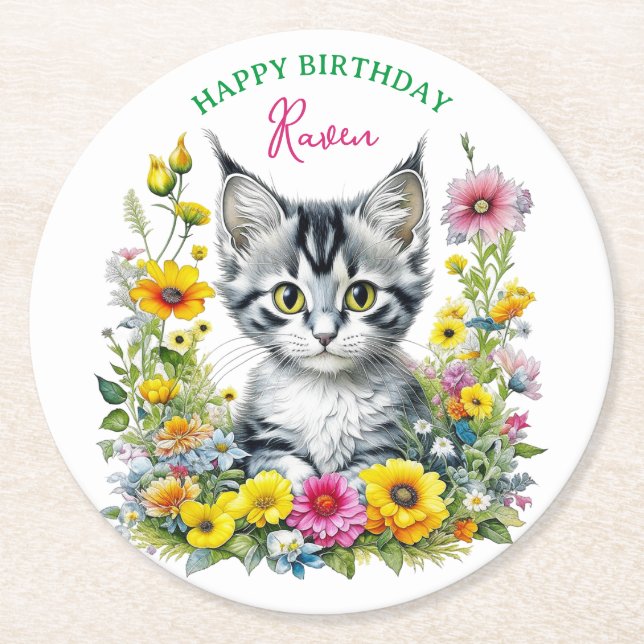 Dessous De Verre Rond Grey Kitten Invitation de fête d'anniversaire de l (Devant)