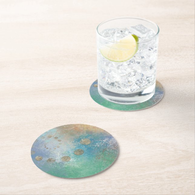 Dessous De Verre Rond Grunge Côtière | Aquarelle bleu et vert or (En situation)
