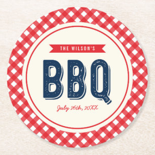 Dessous De Verre Rond Guingan rouge et BBQ bleu d'été