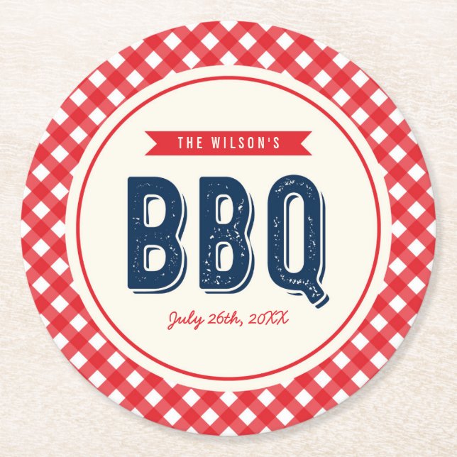 Dessous De Verre Rond Guingan rouge et BBQ bleu d'été (Devant)